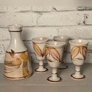Signed Robin Hopper Studio Pottery Wine Set Canadian Ceramic Decanter + Goblet